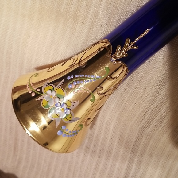 70s Vintage 24 Carat Gilded Venetian Cobalt Blue Blown Glass Bud Vase - Picture 5 of 17